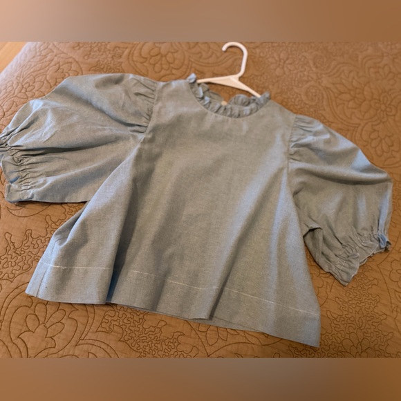 Light Pastel Blue Green Ruffled Puff Sleeve Babydoll Crop Top, M - Picture 3 of 9